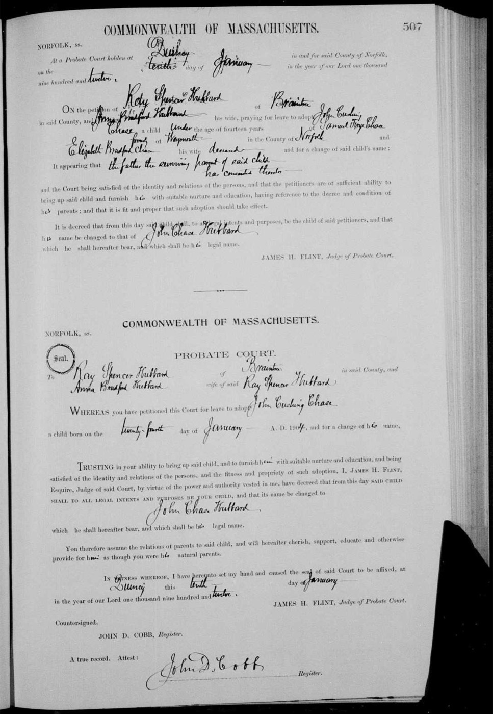 The January 10, 1912 adoption decree from the Norfolk County Probate Court. Ray Spencer Hubbard and his wife Anna Bradford Hubbard petition to adopt John Cushing Chase, child of Samuel Frye Chase and Elizabeth Bradford Chase, deceased. The father, the surviving parent, has consented, and the child’s name is changed to John Chase Hubbard.