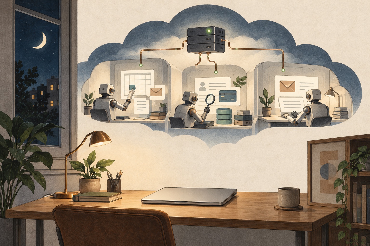 An editorial illustration of a closed laptop beside an illuminated cloud workspace where three AI assistants continue working through the night.